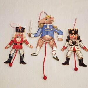 SET OF 3 VTG Jumping Jack Nutcracker Wood Pull‎ String Christmas Ornament 7.5"